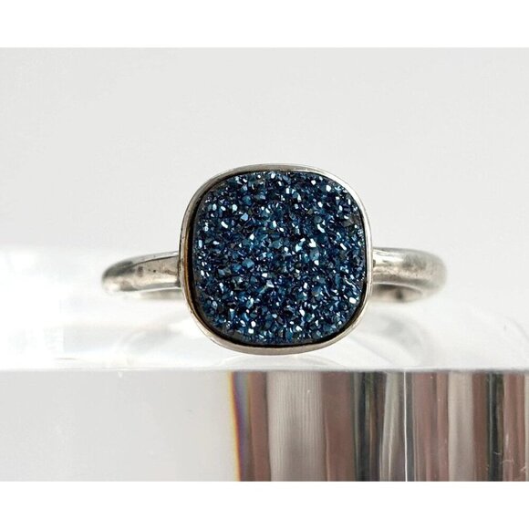 Blue Druzy Quartz Gemstone Oval Bezel Set Sterling Silver Vintage Ring - sz 10 - Picture 1 of 10